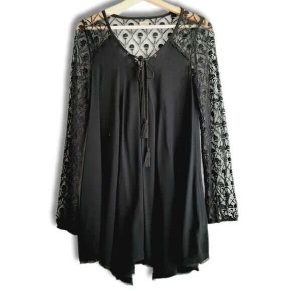 ECOTE Boho Floral Lace Tassel Tie Semi-Sheer Tunic Blouse Black Sz S - Picture 1 of 15